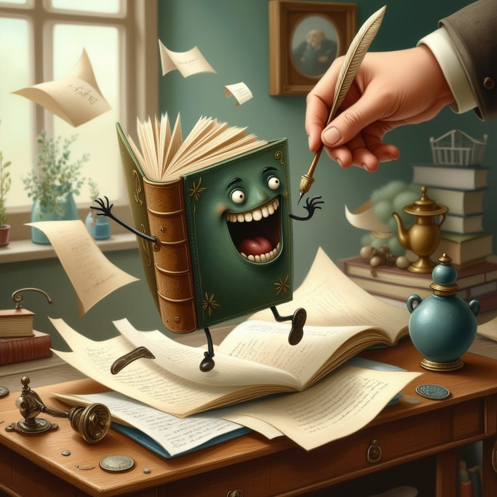 Frightened Book Flees Ink-Dripping Quill on Desk