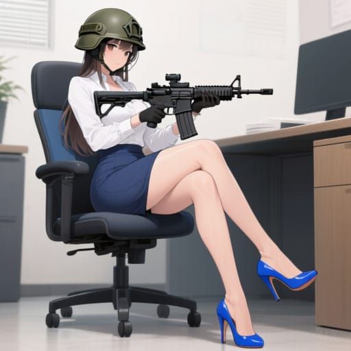Woman in Combat Gear and Office Attire with Carbine