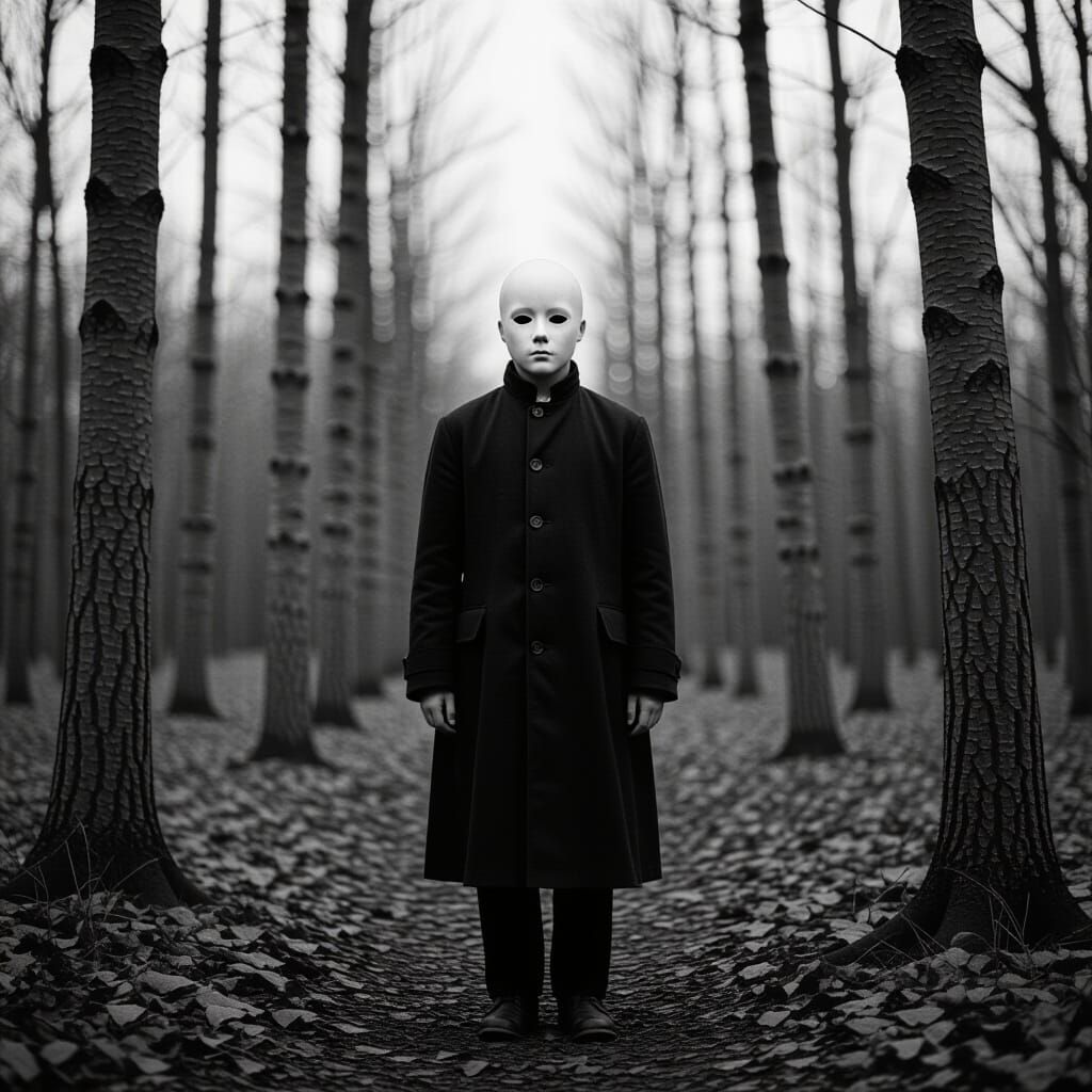 Eerie Porcelain Boy in Dark Forest, Vintage Horror Photograp...