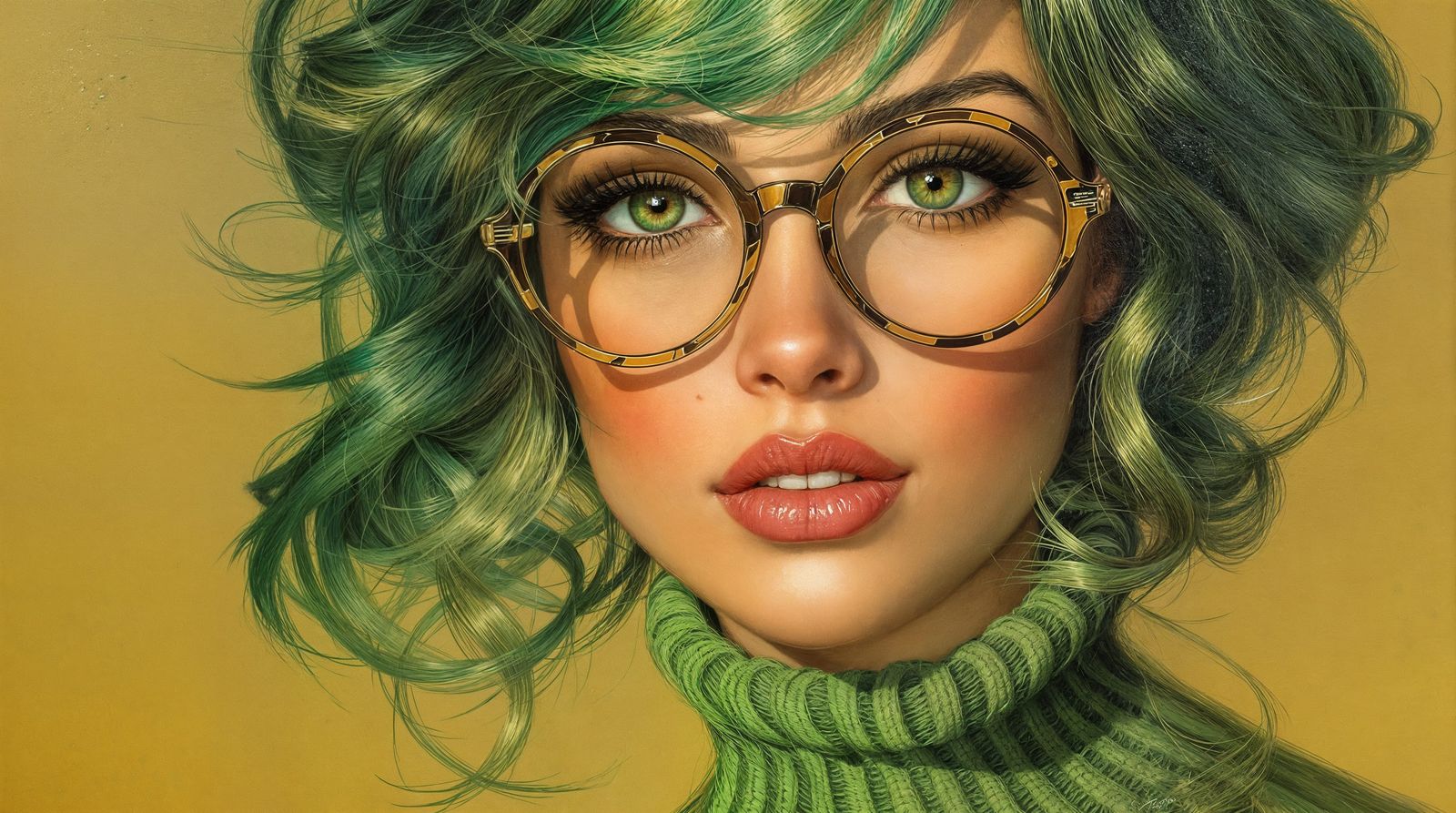 Vibrant Green Goddess in Oil Painting