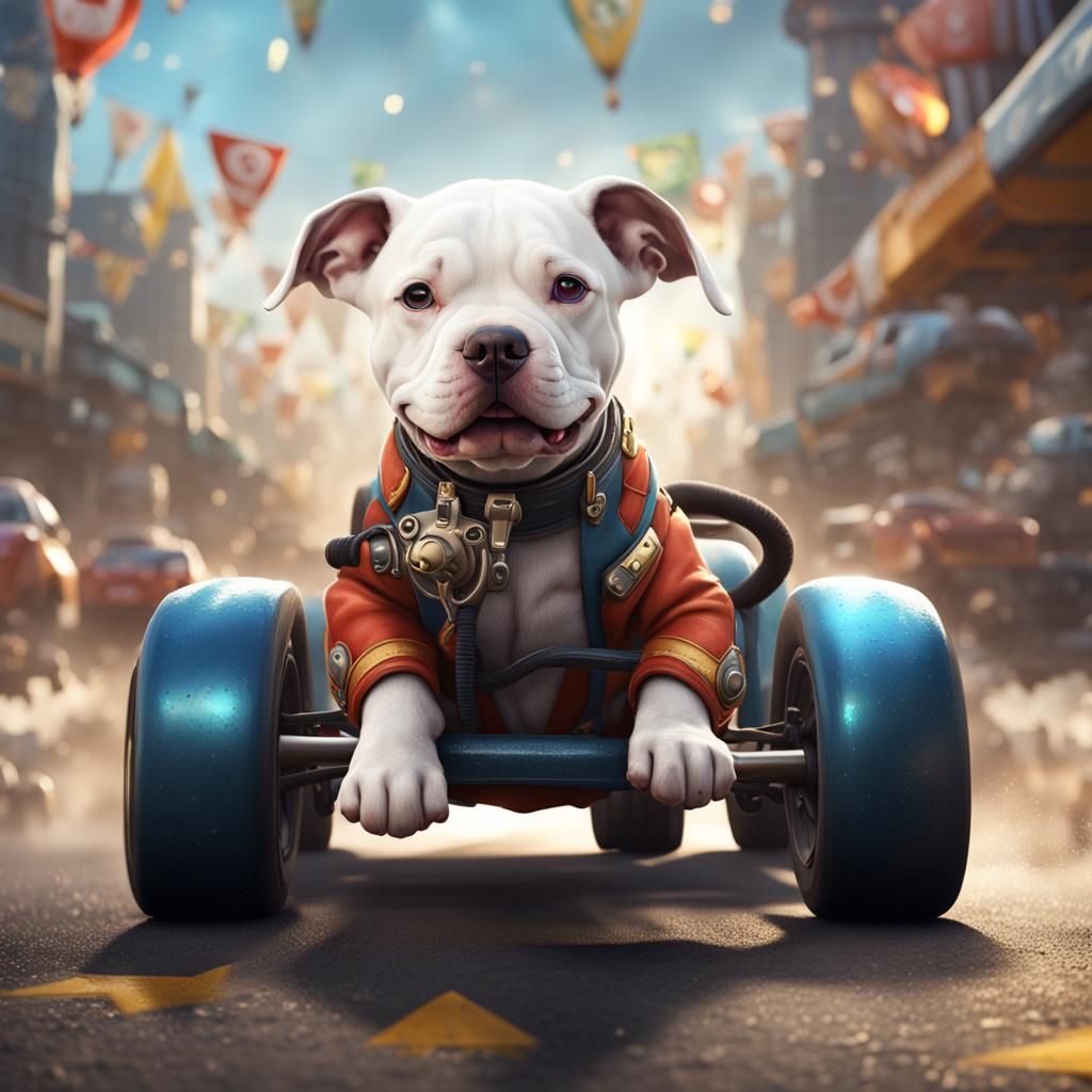Happy Pitbull Puppy Race Car Driver in Detailed Digital Art