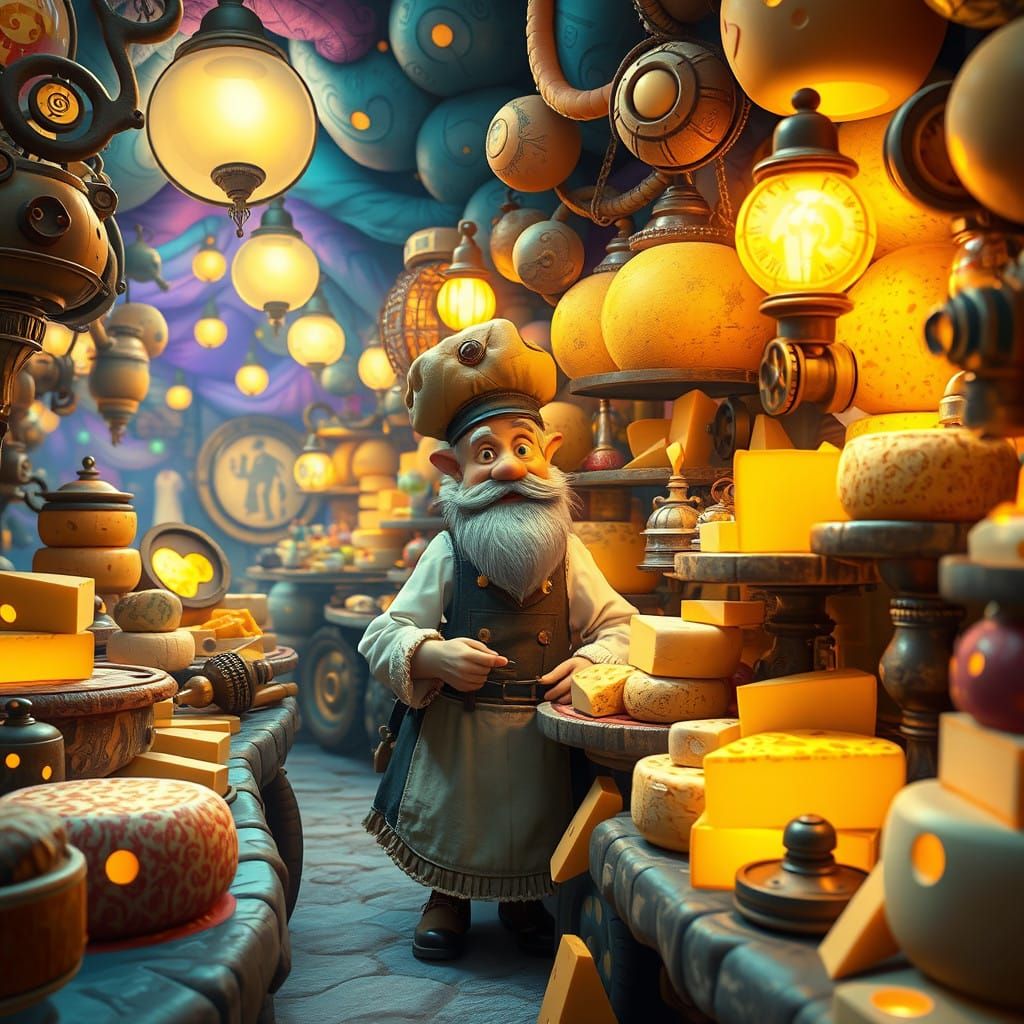 Whimsical Cheesemonger in a Dreamlike Market Scene