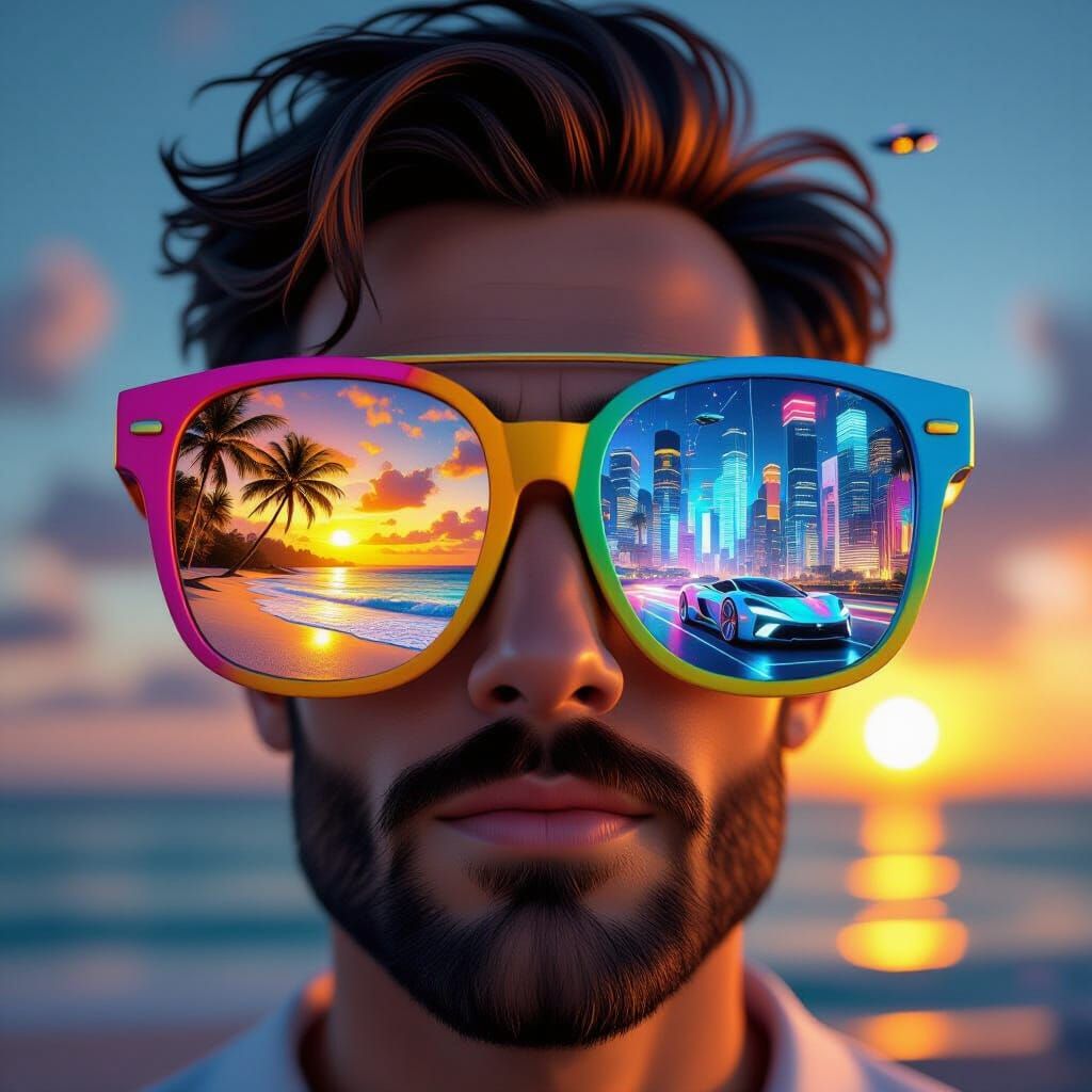 3D Portrait: Tropical Beach Meets Futuristic City in Glasses
