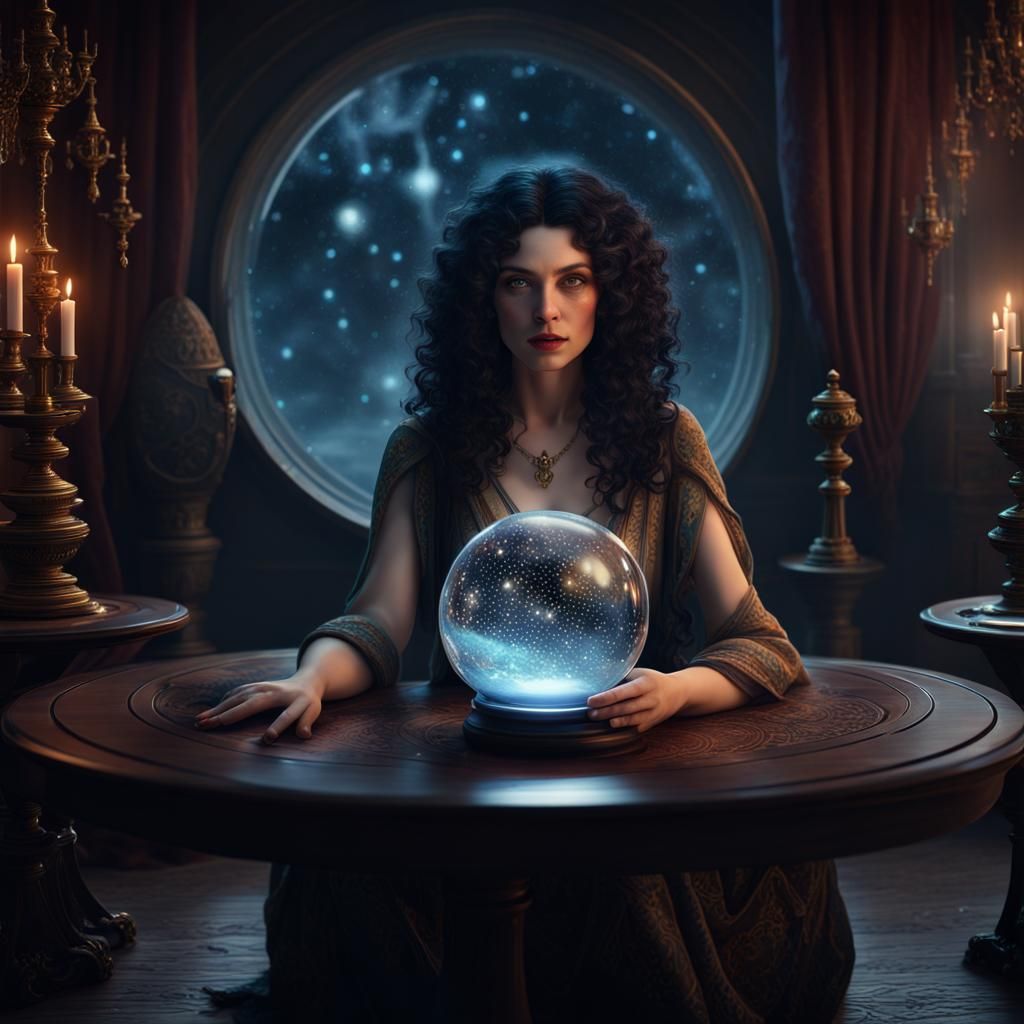 Mystic Woman Gazing into Crystal Ball in Detailed Digital Ar...