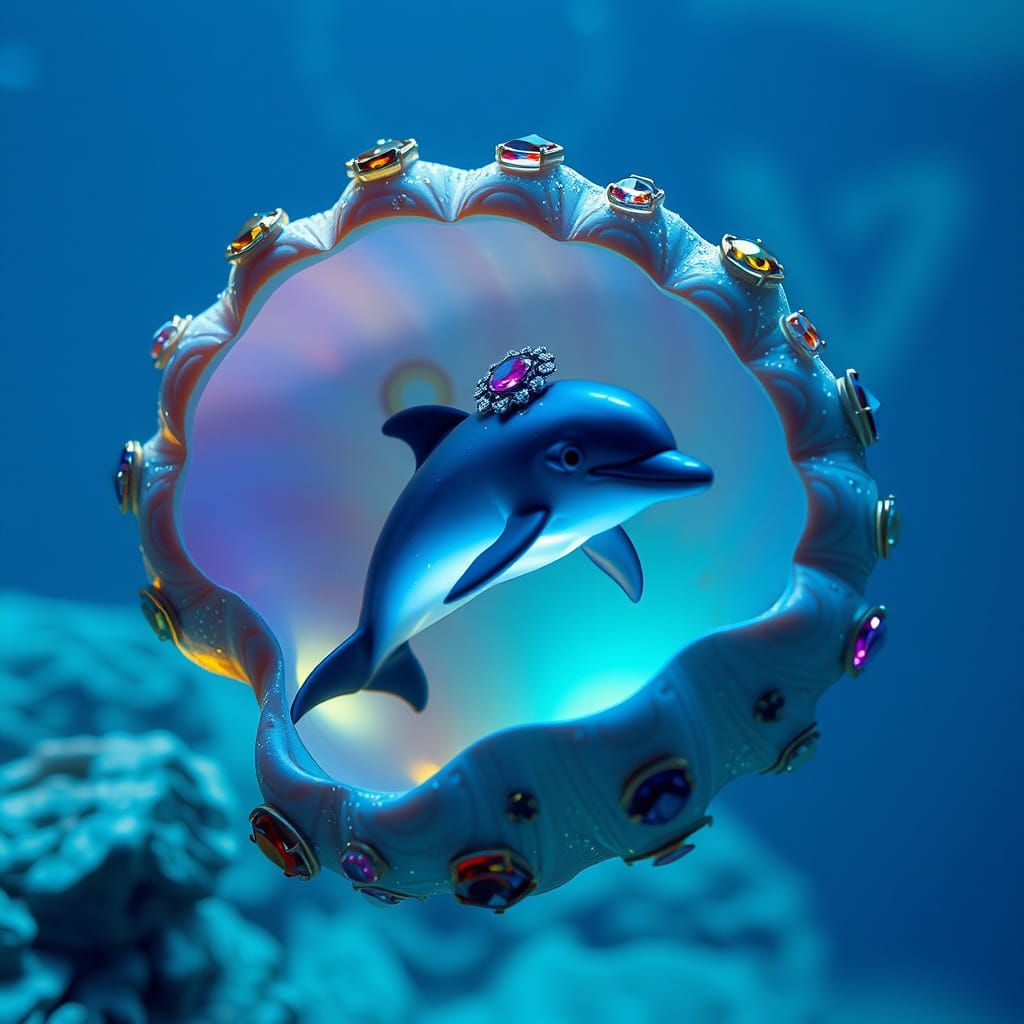 Bioluminescent Dolphin Queen in Jeweled Conch Shell