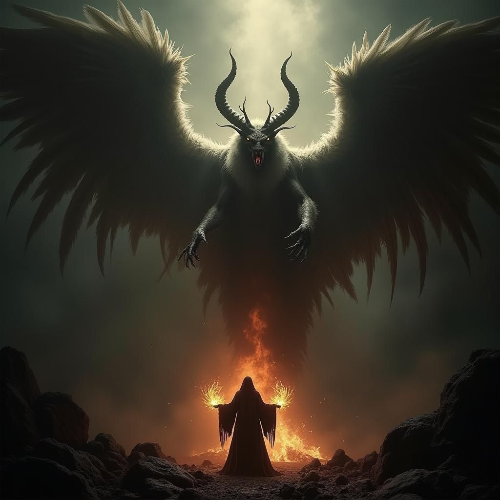 Necromancer Summons Demonic Creature in Surreal Horror Art