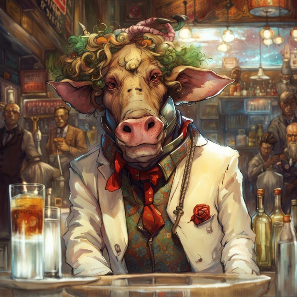 Hipster Warthog Waiter in Maximalist Fantasy Art