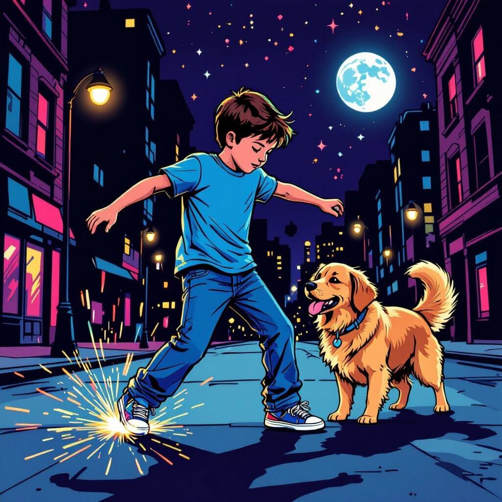 Boy Moonwalks With Dog Under Neon City Lights