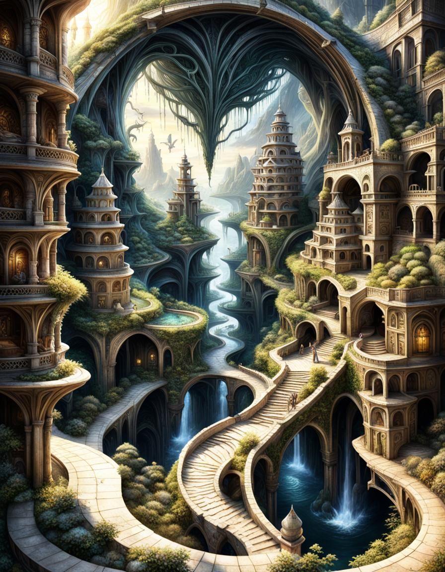 Dreamlike Maze Village Inspired by MC Escher