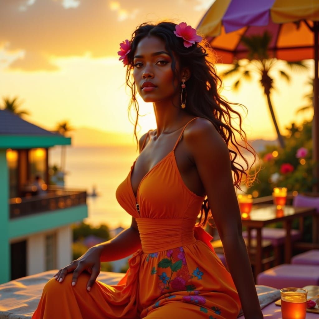 Jamaican Woman Soaks Up Golden Hour on Terrasse
