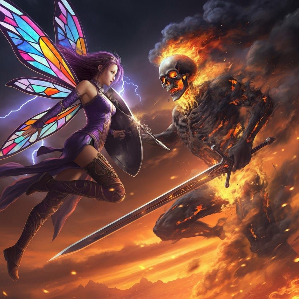 Winged Maiden Battles Smoke Demon in Dramatic Sky