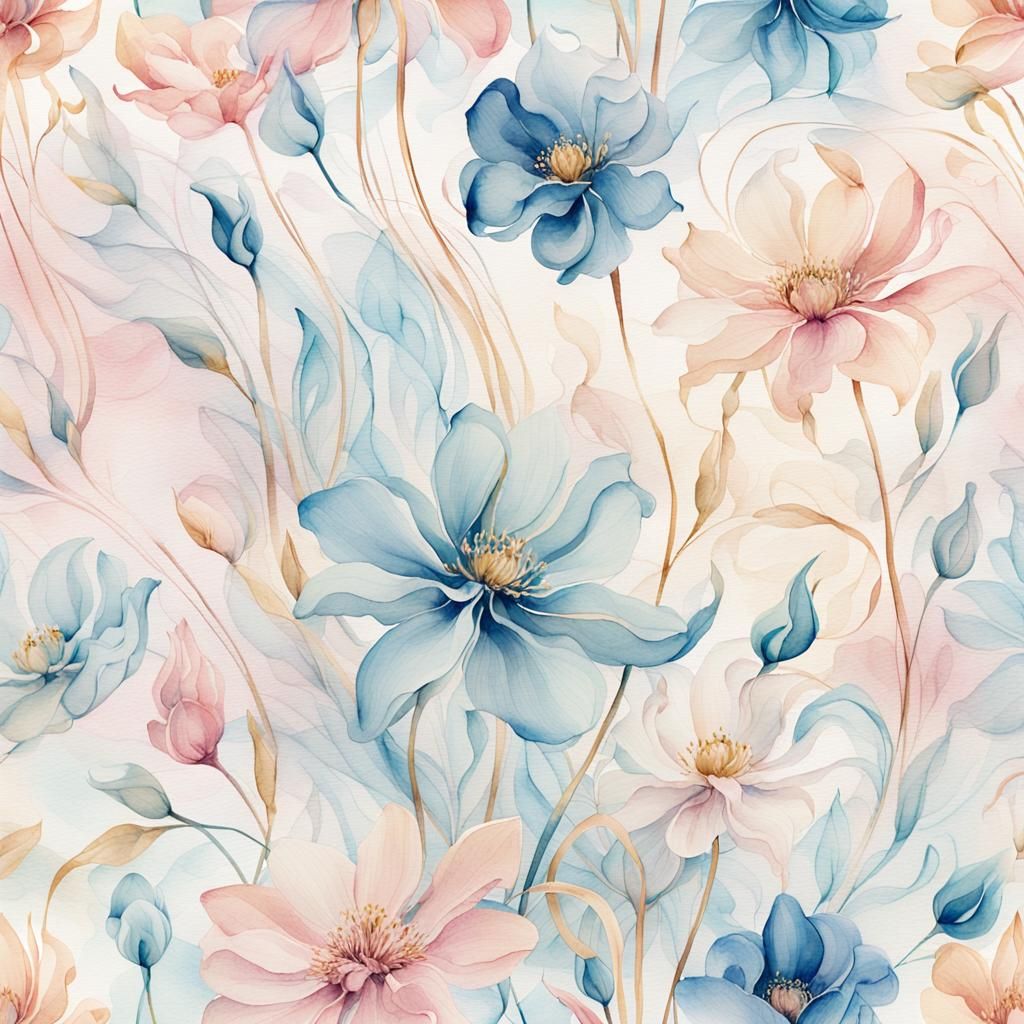Pastel Watercolor Flower Pattern on Silky Fabric