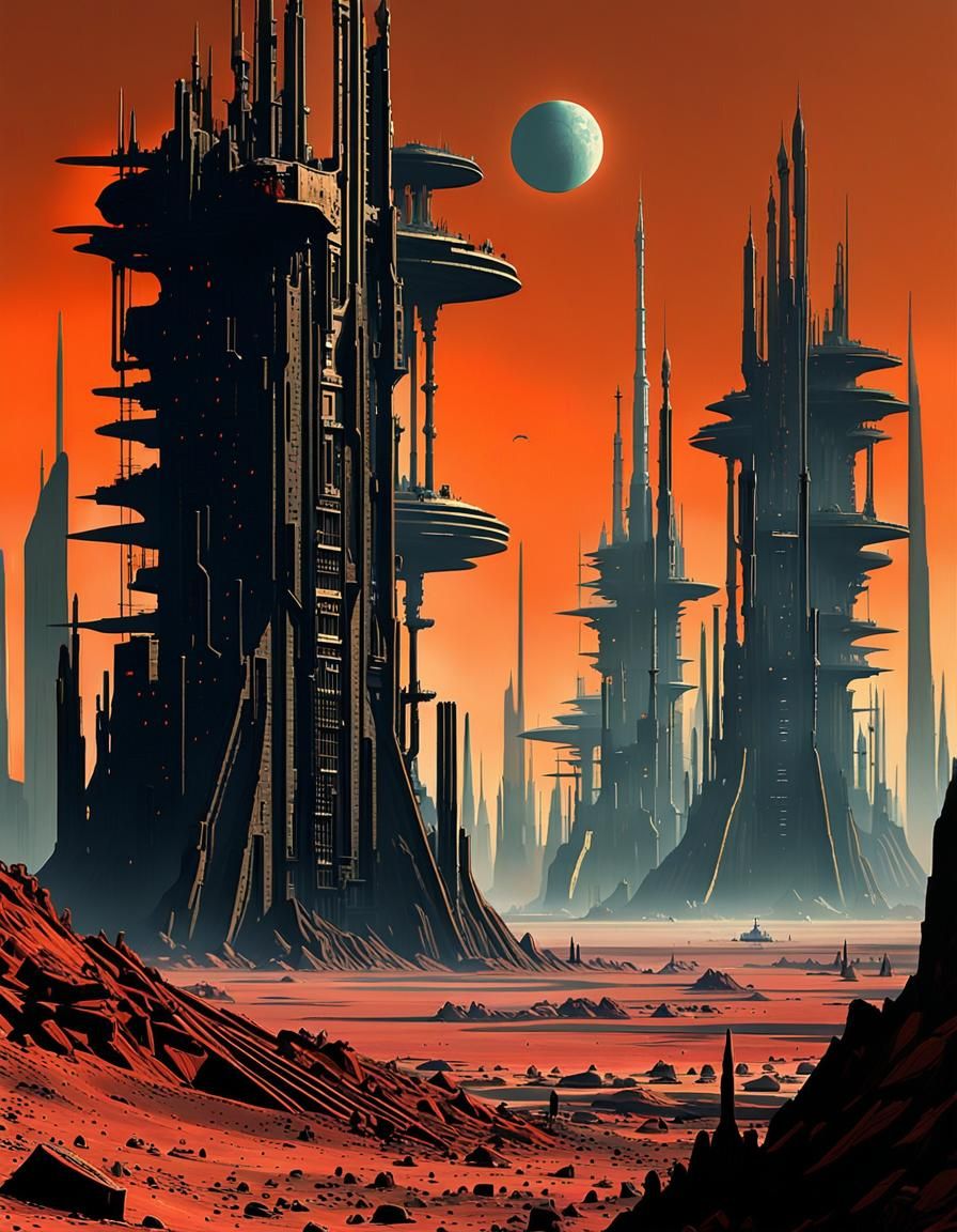 Alien City Ruins in Retro Sci-Fi Style