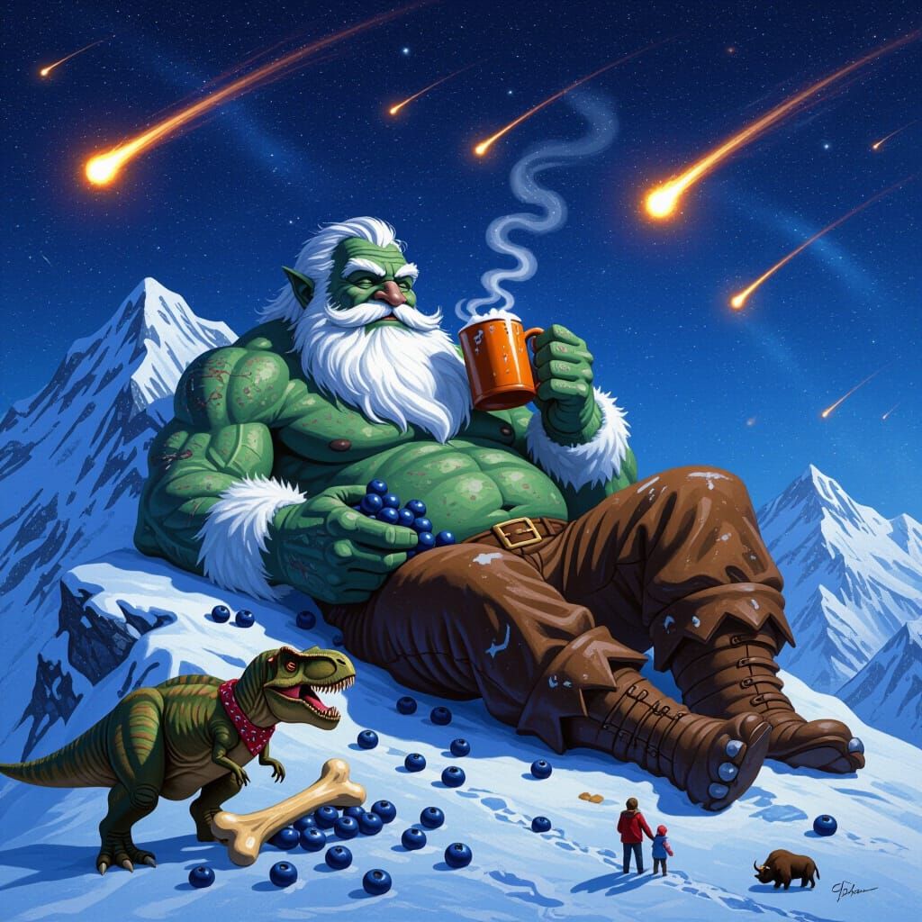 Giant Enjoys Blueberries and Hot Chocolate on Snowy Mountain