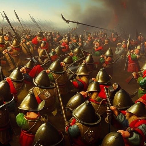 Epic Oil Painting of 500 Gnomes in Bloody Battle