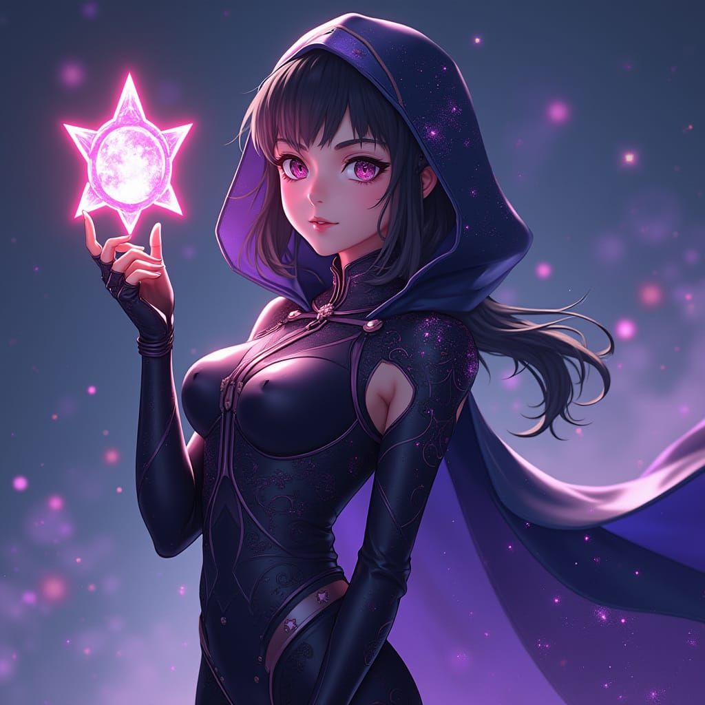 Anime Ninja Girl with Galaxy Suit and Moon Star