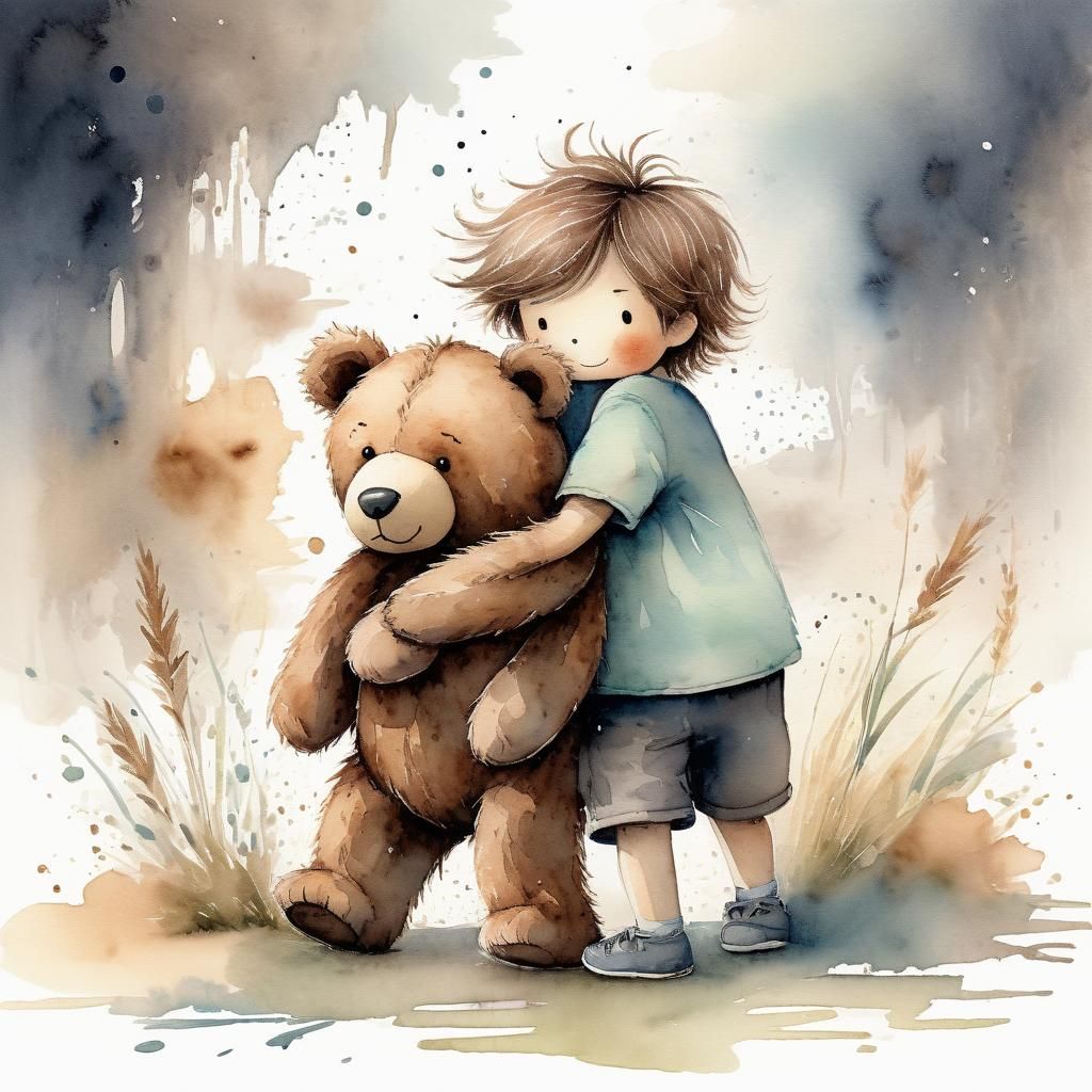 A cute little boy with  a big brown teddy bear