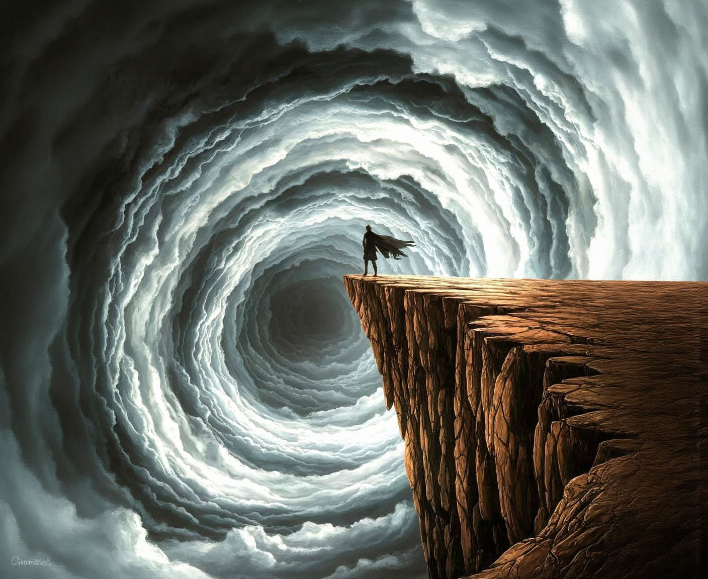 Lone Figure Gazes at Cloud Vortex from High Cliff