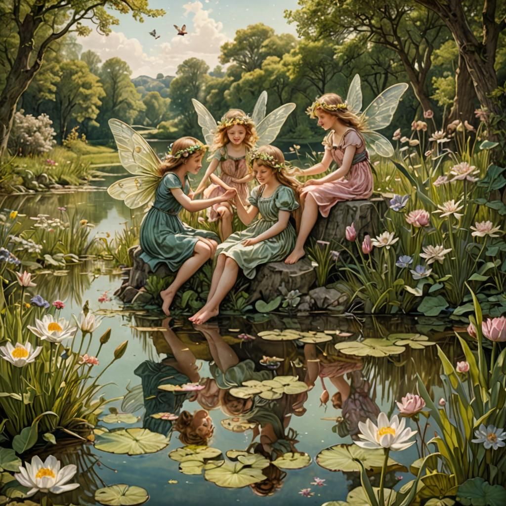 Spring Fairies Play at Pond, Art Nouveau Illustration
