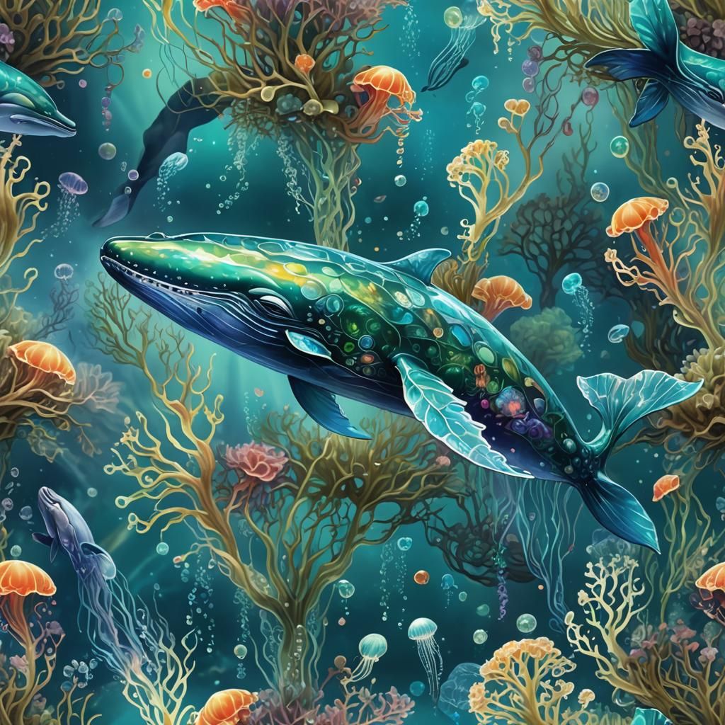 Glass Whale in Ocean with Glowing Jellyfish