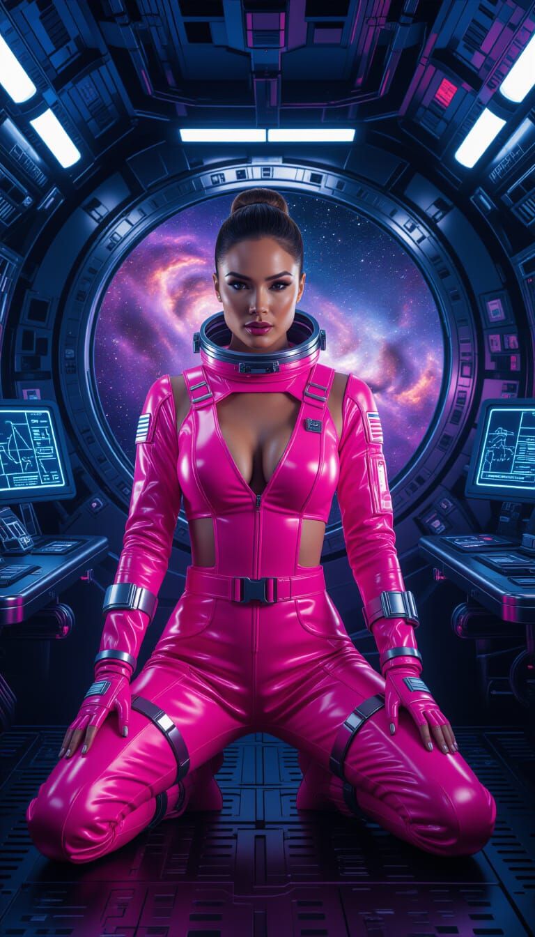 Futuristic Astronaut in Neon Spacesuit Amidst Nebula