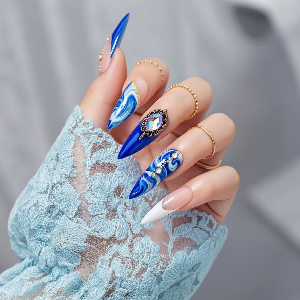 Intricate Stiletto Nail Art Designs with Gems