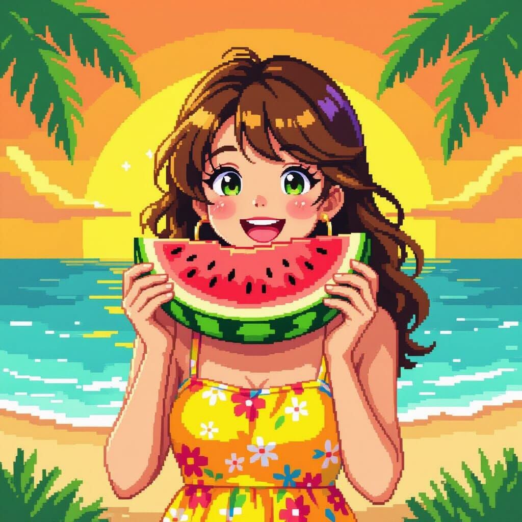 Girl Eating Watermelon in Pixel Art Style