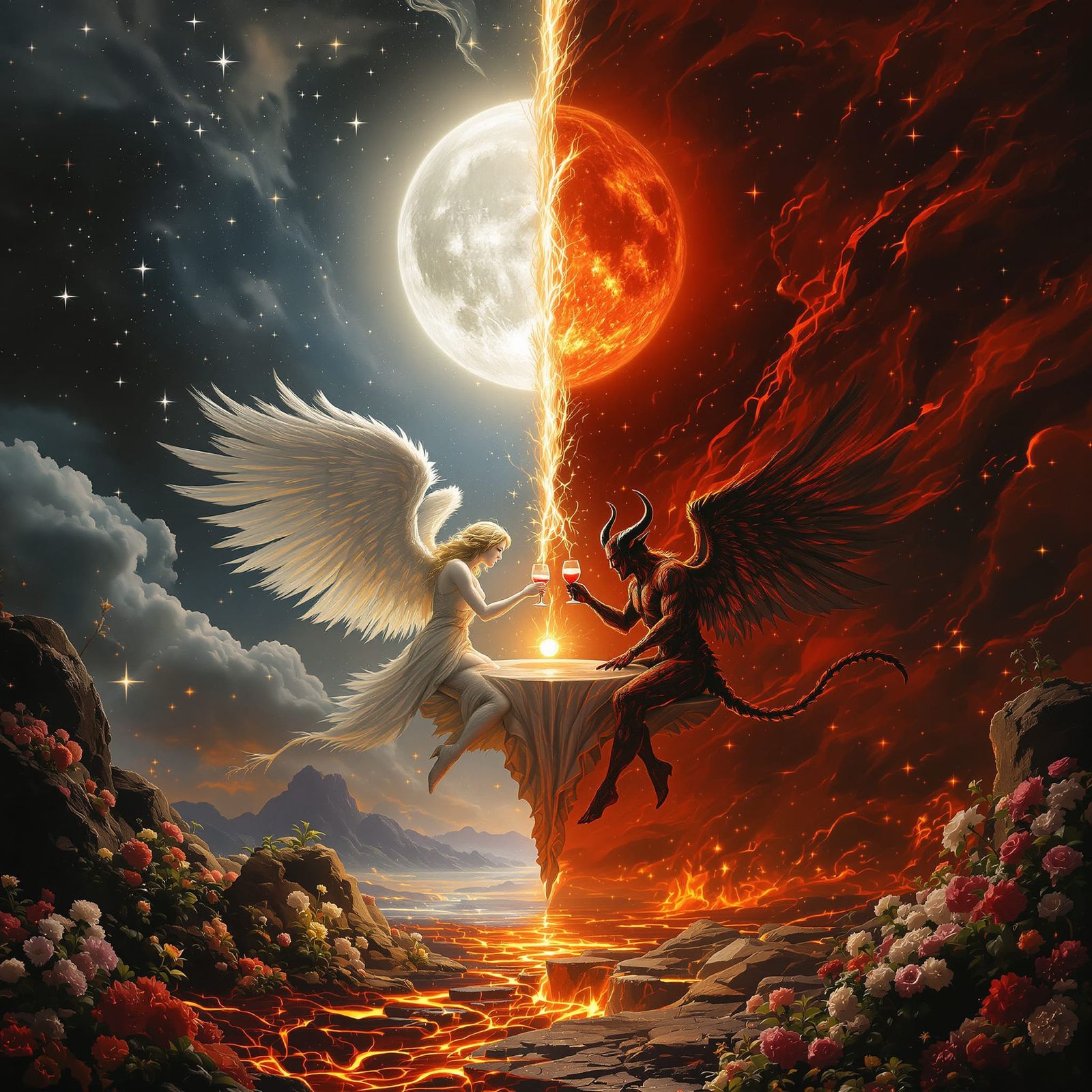 Angel & Devil Share Wine at Heaven-Hell Border