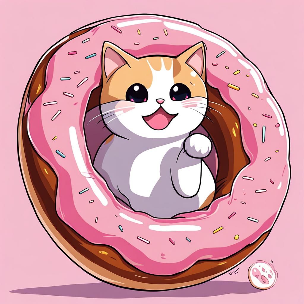 Kawaii Cat in Donut, Anime Style Illustration