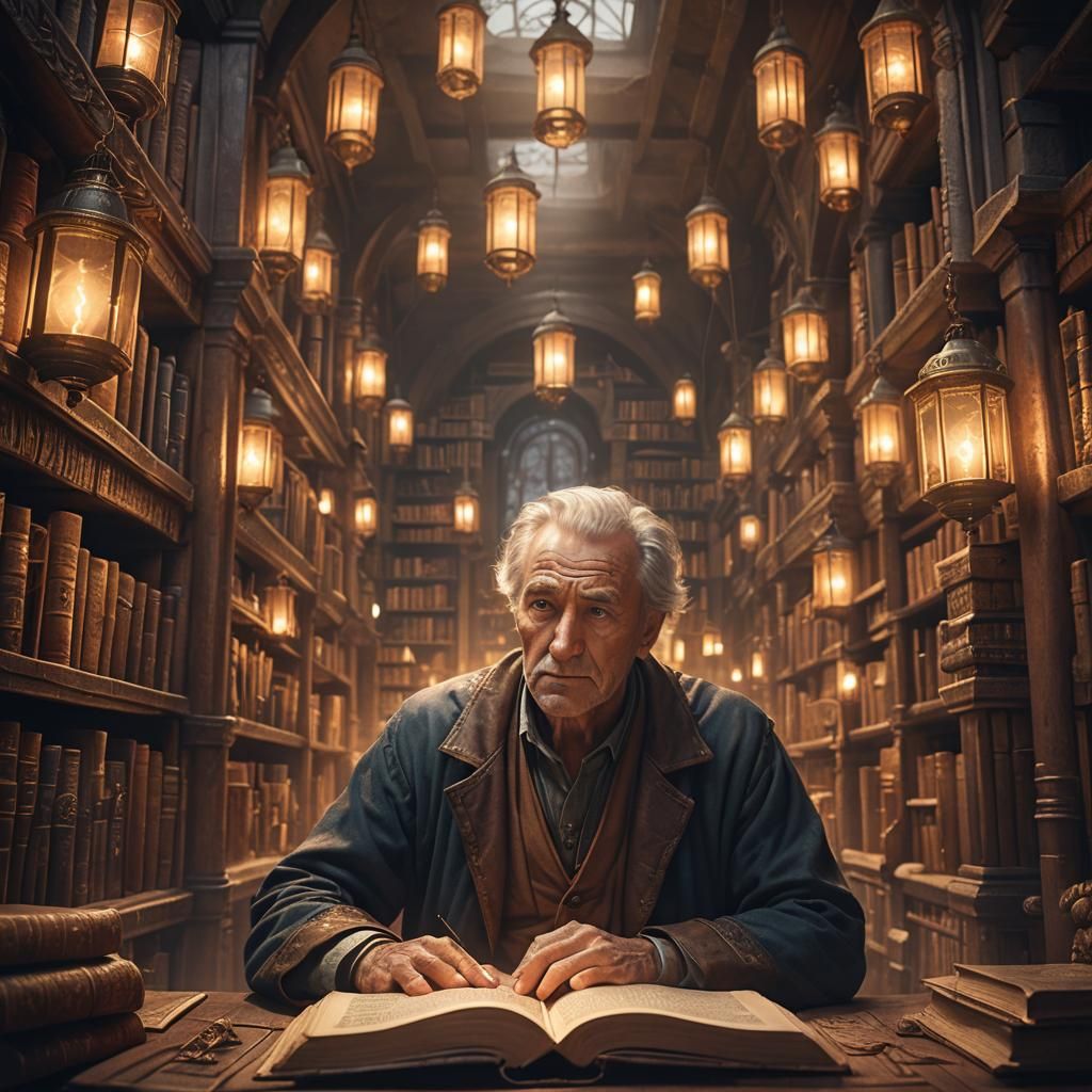 Older Man with Bright Eyes in Ancient Archive