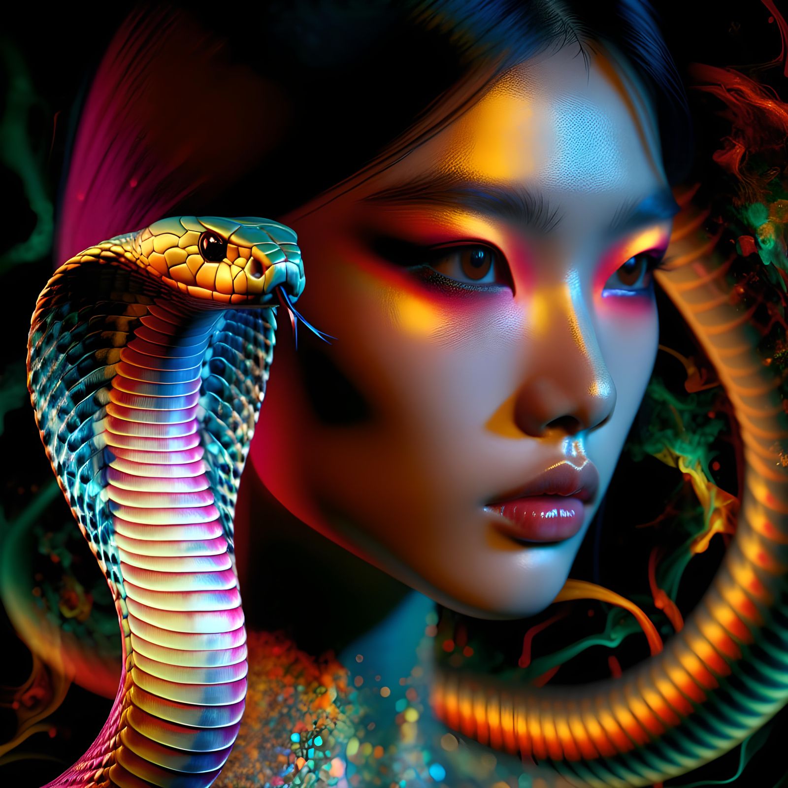 Surreal Woman and Cobra in Double Exposure