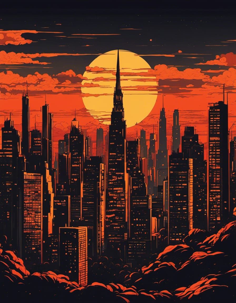 The bright orange, red, yellow gradient cityscape with the black midnight sky