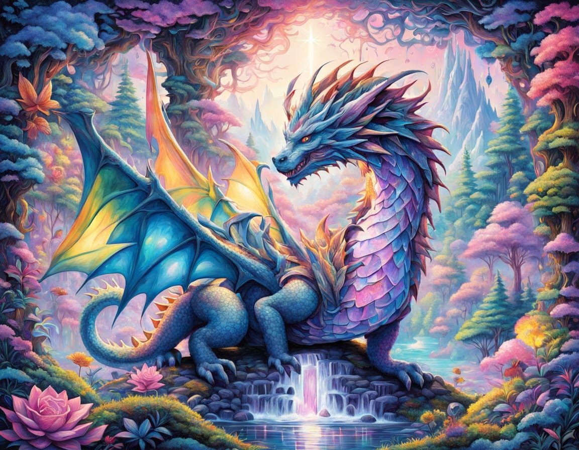 Ethereal Crystal Dragon Ascends Misty Mountain