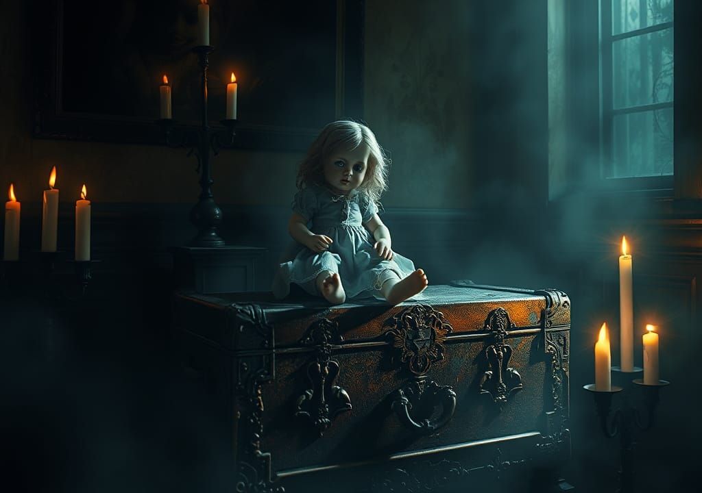 Haunting Antique Doll on Chest in Gothic Style