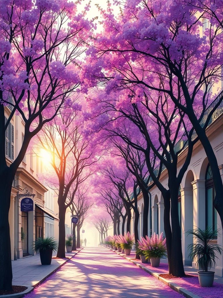 Parisian Street Scene with Jacaranda Trees