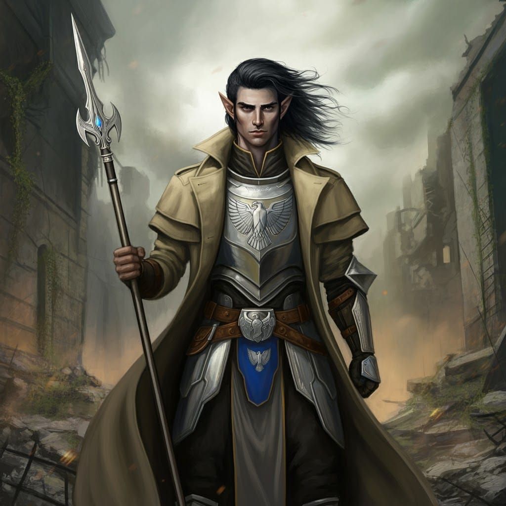 Half-Elf Paladin in Ruined Cityscape