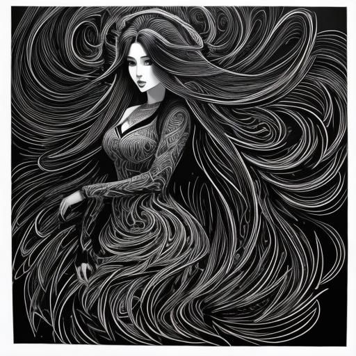 Beautiful Woman with Flowing Hair in Scratch Art