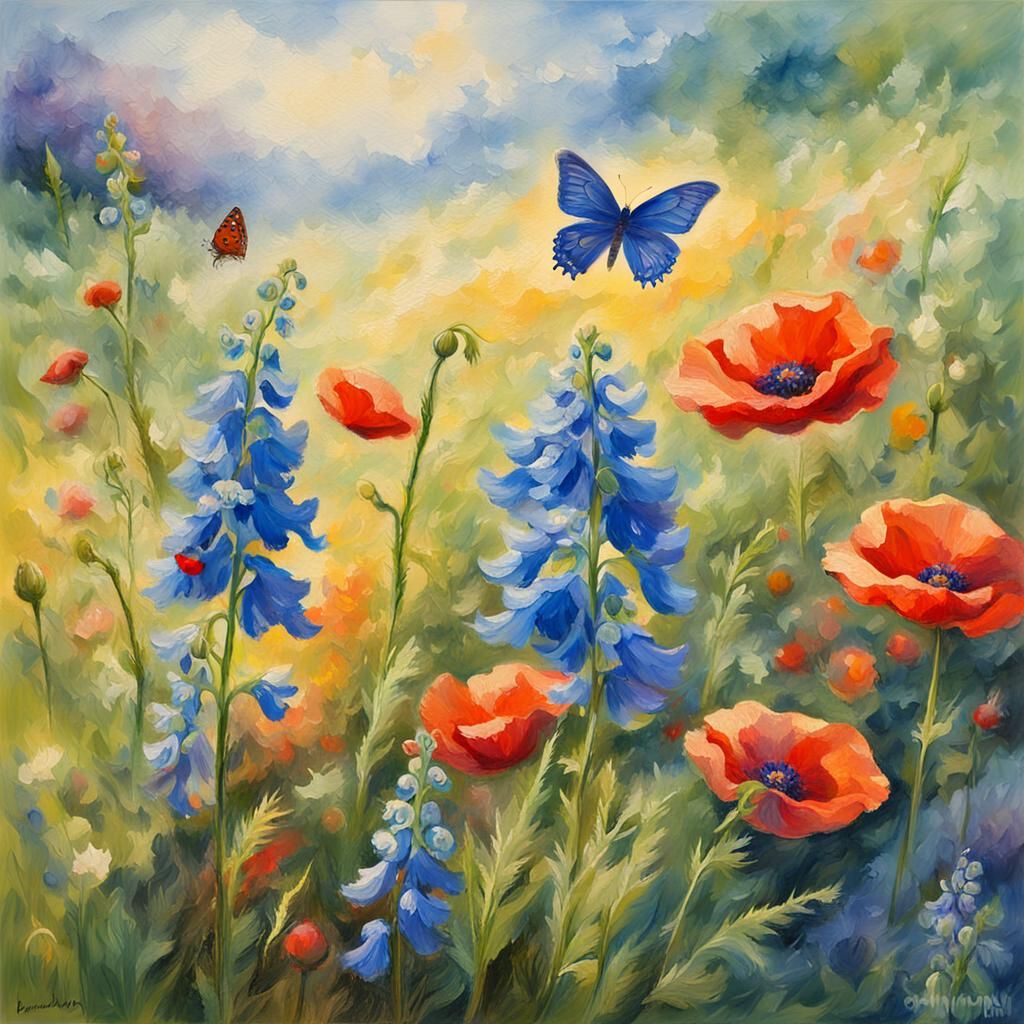 Impressionist Floral Painting with Cornflower and Poppy