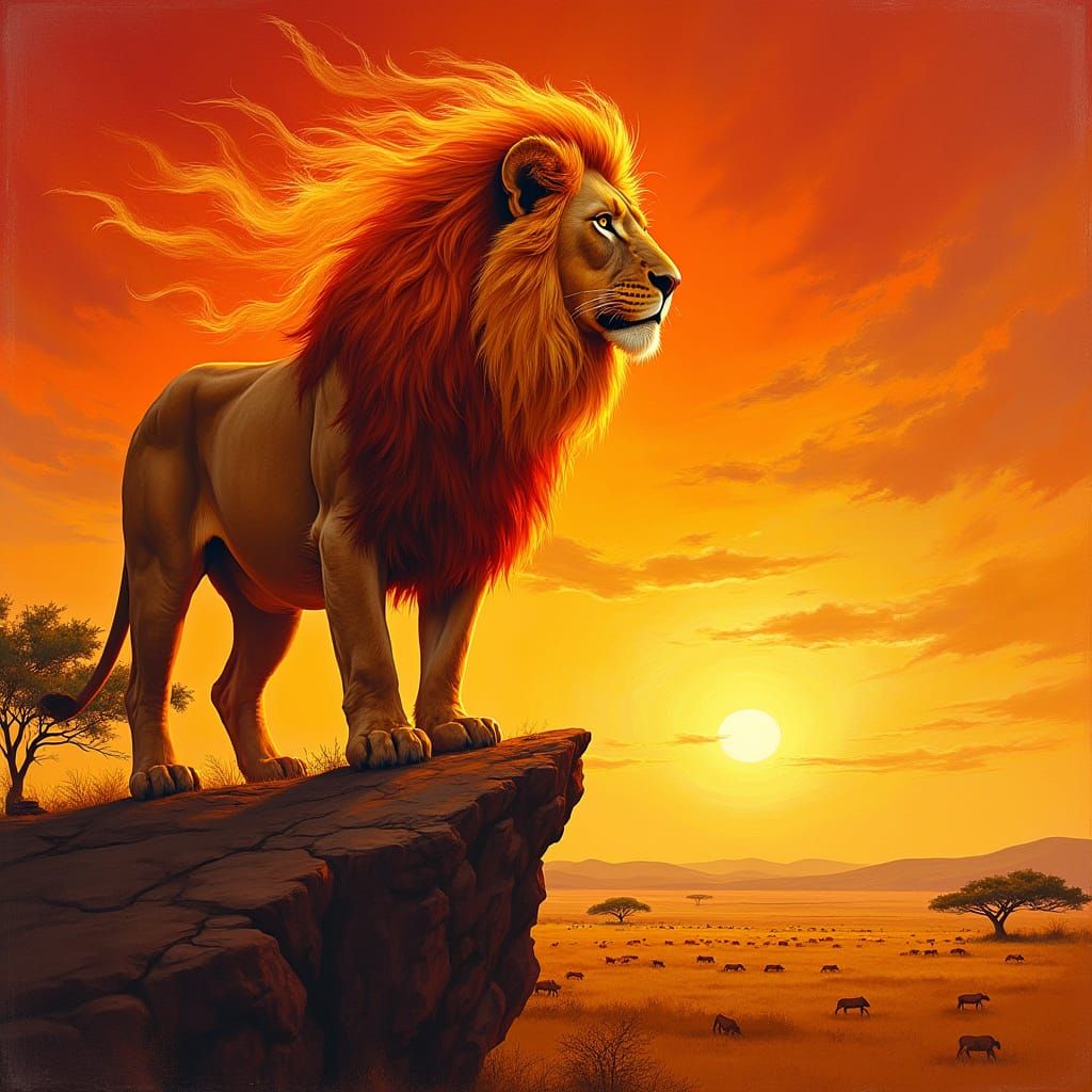Majestic Lion Ignites Sunset Savannah