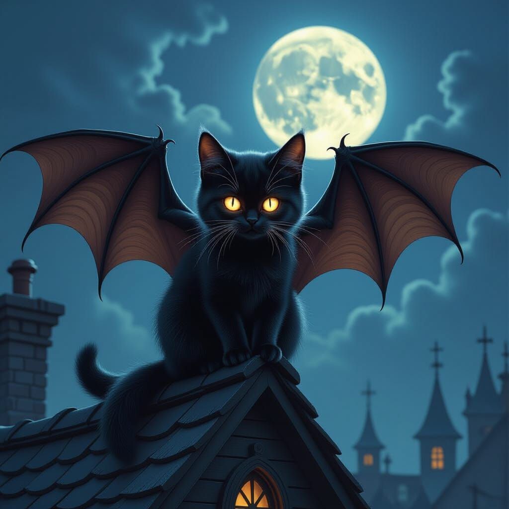 Munchkin Cat Bat Creature on Gothic Rooftop