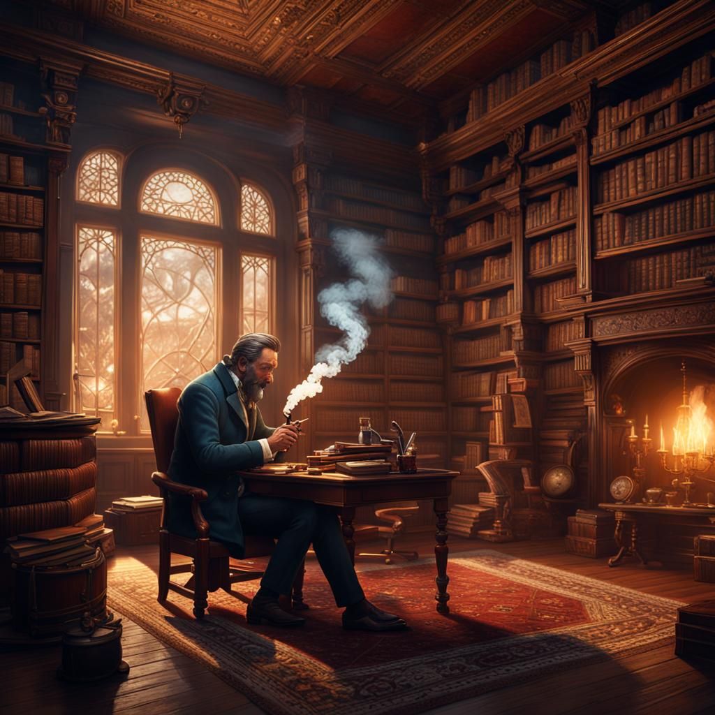 Man Smoking Pipe in 1800s Library: Detailed Matte Painting
