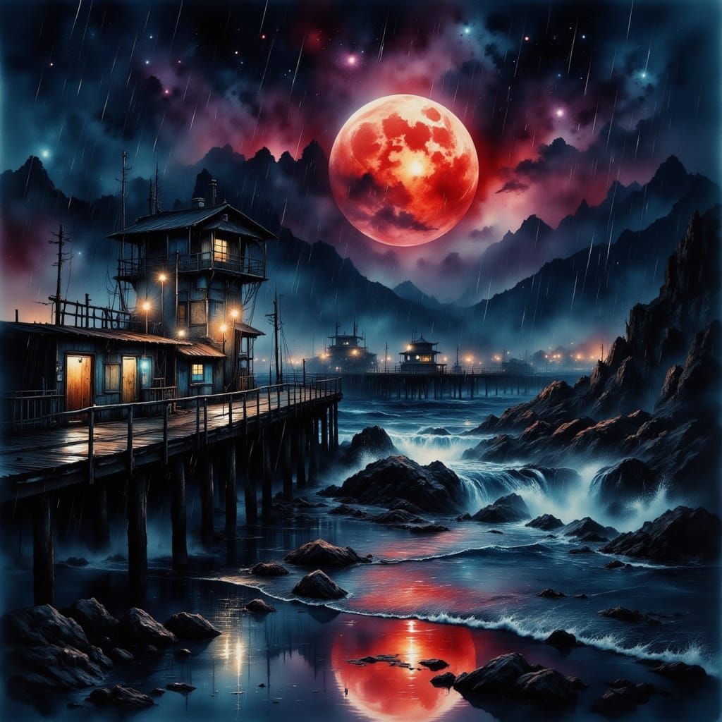 Rainy Fishing Harbour Under Blood Moon