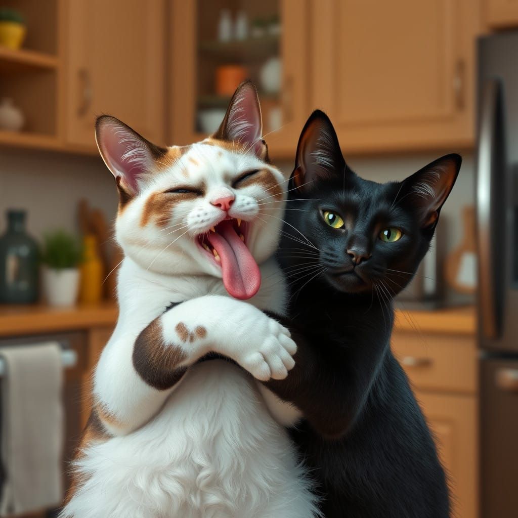 Cyberpunk-Inspired White Cat Hugs Black Feline Friend in Whi...