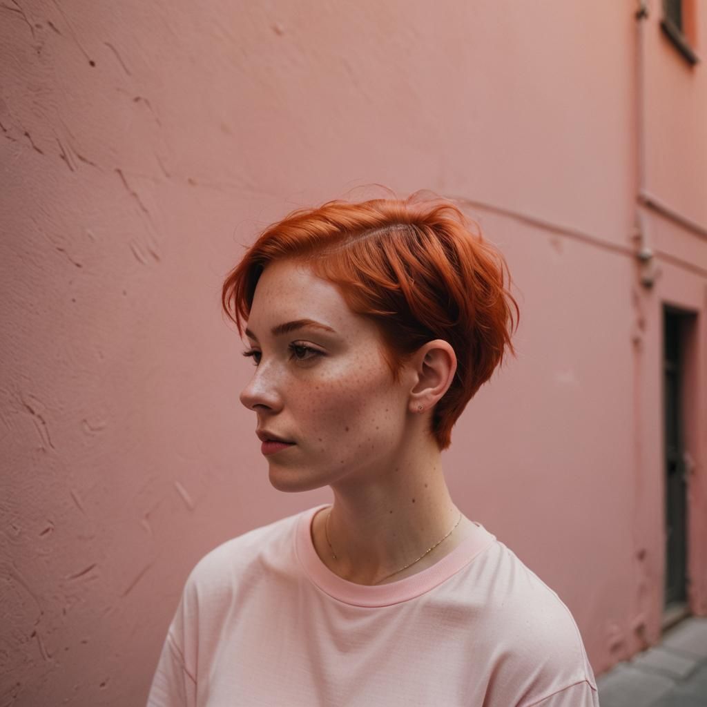 Red-Haired Woman Portrait in Soft Pink Lighting