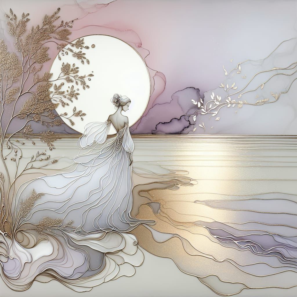 Graceful Woman by Shore in Surreal Minimalist Style