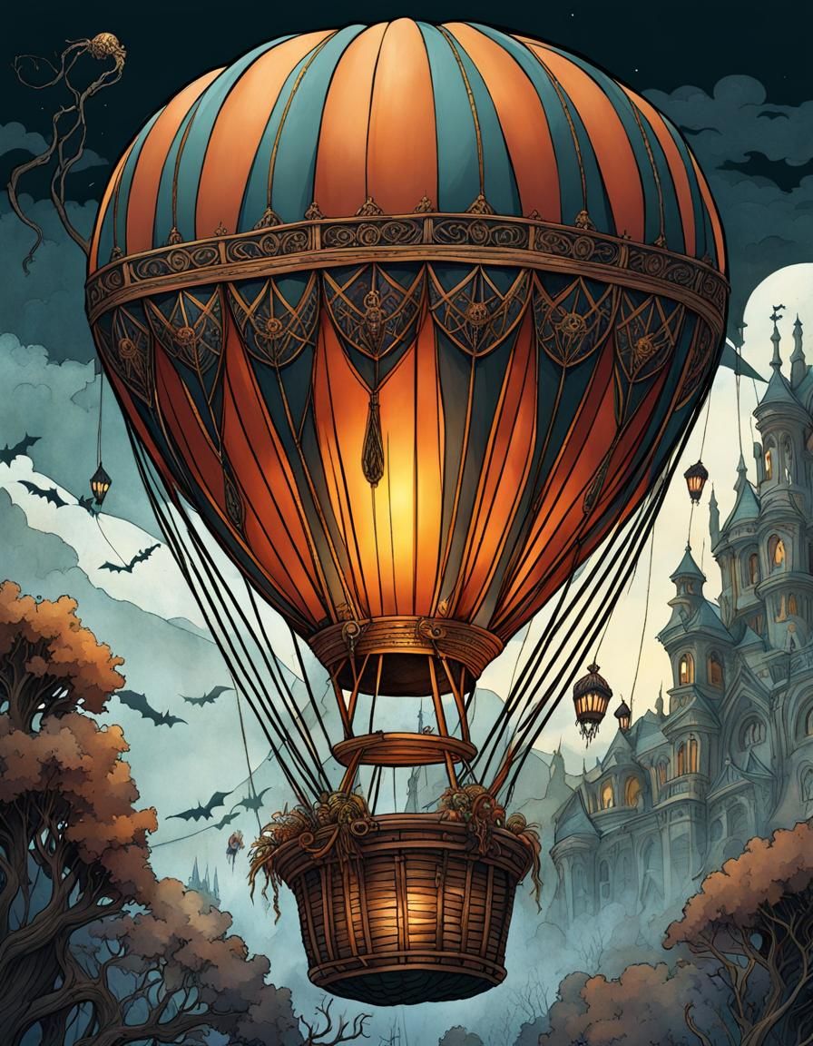 Spooky Halloween Hot Air Balloon Art Nouveau Illustration