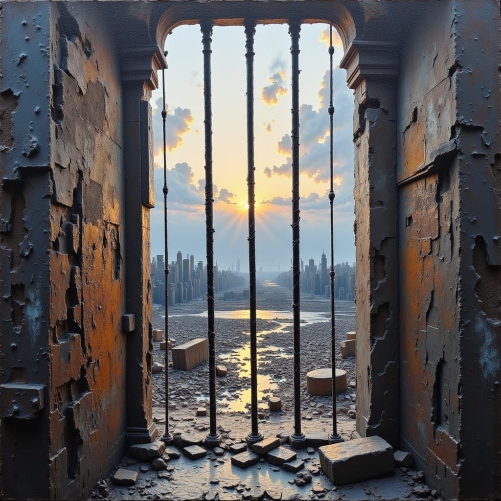 Abstract Post-Apocalyptic Scene Through Cell Bars