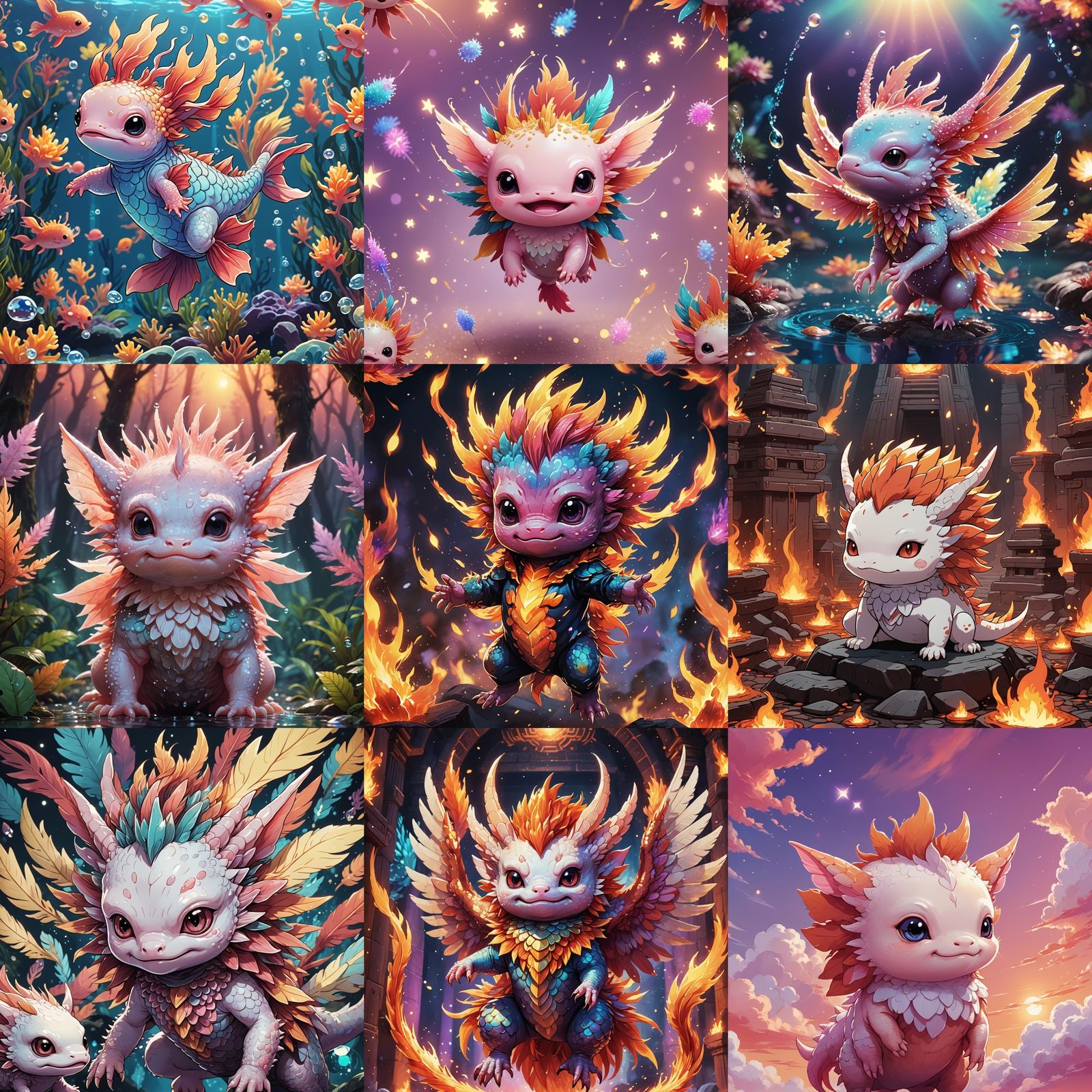 Chibi Phoenix Axolotl in Anime Style