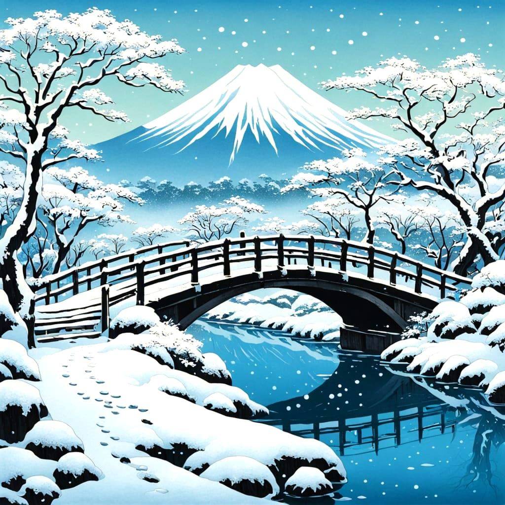 Snowy Japanese Bridge in Ukiyo-e Style