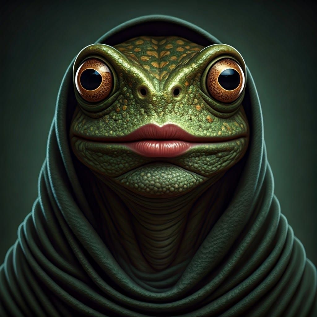 Hyper-Realistic Frog-Like Humanoid in Dark Green Hues